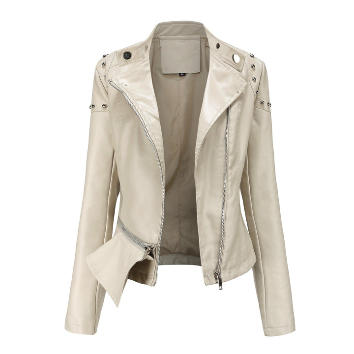 Dam asymmetric konstläder bikerjacka med stud application och figursydd peplum