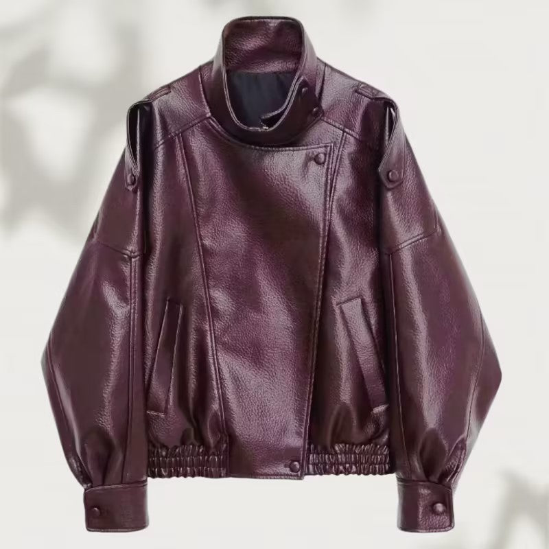 Dam Oversized Konstläder Biker Jacka med Asymmetric Lapel, Ståkrage, och Midjedragsko