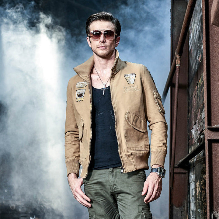 Herr Aviator Canvas Blouson med Embroidered Patches, Ståkrage och Multi-Functional Lock Fickor