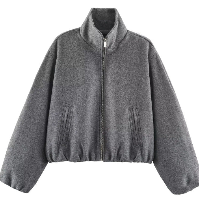 Dam Kort Skärning Bouclé Blouson Jacka med Stå Krage, Elastic Nederkant och Balloon Ärmar