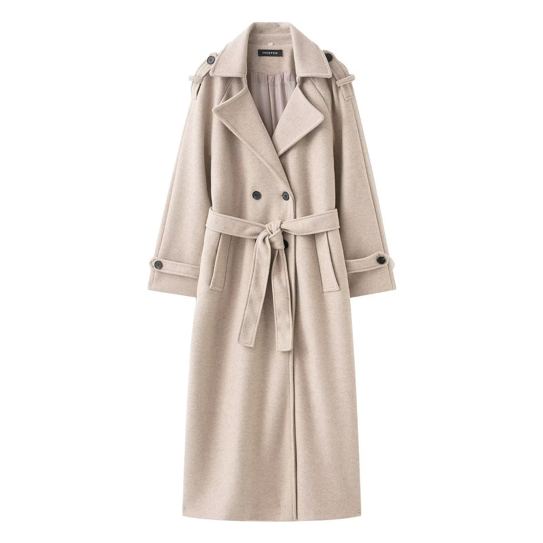 Dam 100+ Double-Breasted Maxi Lång Kappa i Trench Stil med Tie Belt