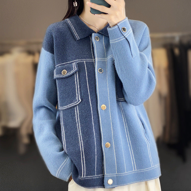 Dam oversize Knit jacka in denimjacka look med kontrasterande Seam detaljer och Chest ficka
