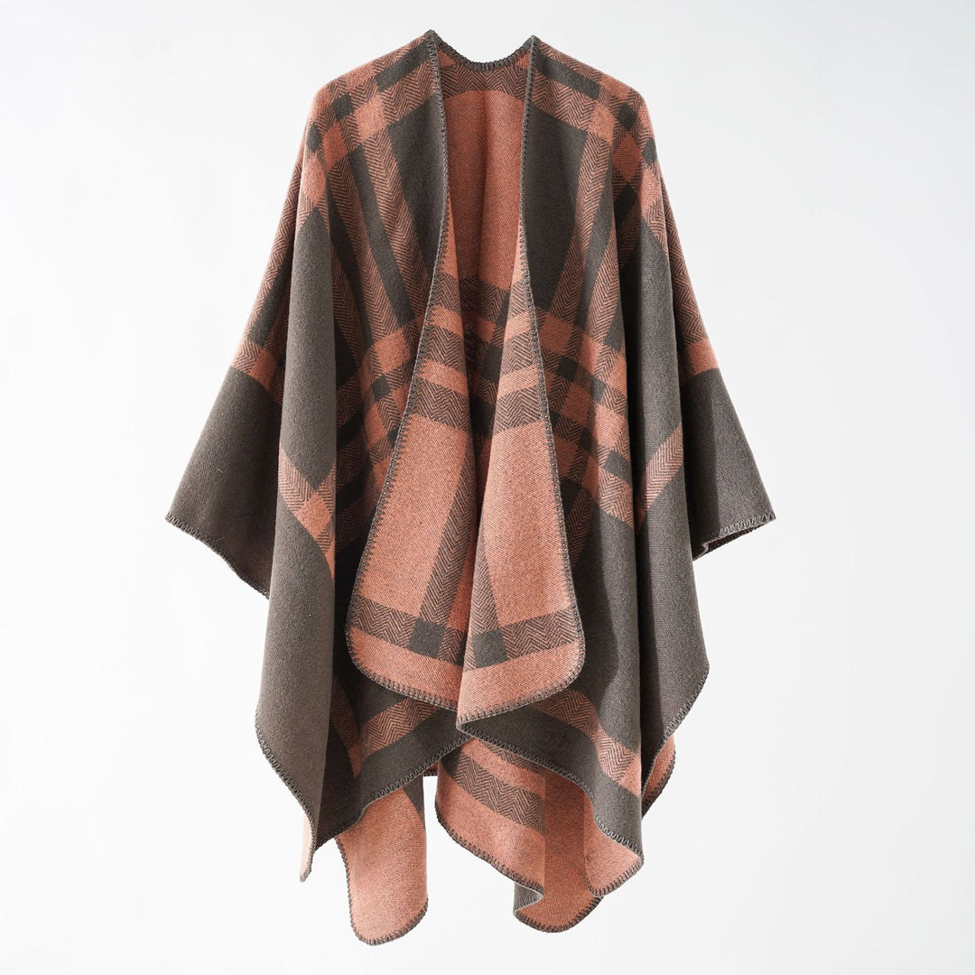 Dam Reversible ullblandning poncho med Geometric Check mönster och Decorative Stitching