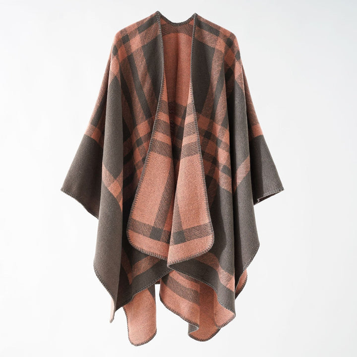 Dam Reversible ullblandning poncho med Geometric Check mönster och Decorative Stitching