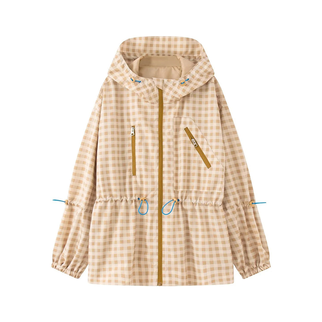 Dam Rutig Rain Parka med Huva, Midja med Dragsko och Diagonal Zippered Fickor