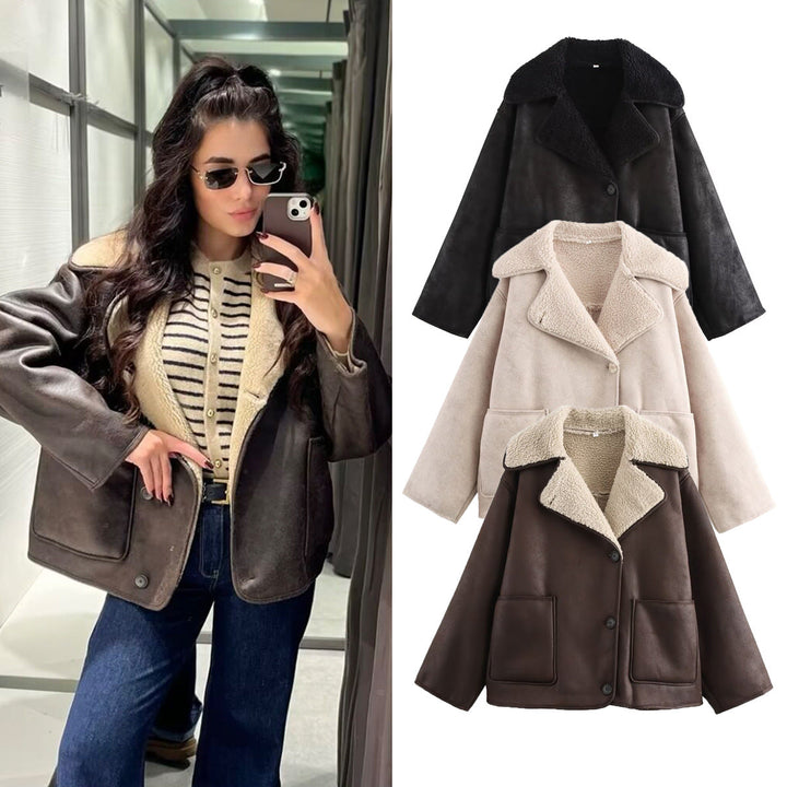 Dam Kort Skärning Oversize Faux Shearling Kappa med Teddy Krage