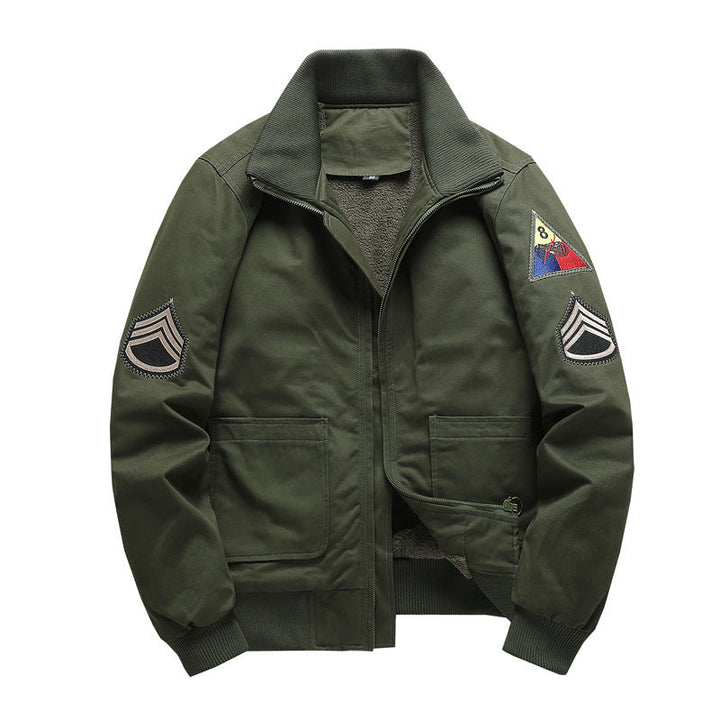 Herr Flight Jacka med Sherpa Foder, Embroidered Patch Detaljer, och Ribbad Fåll