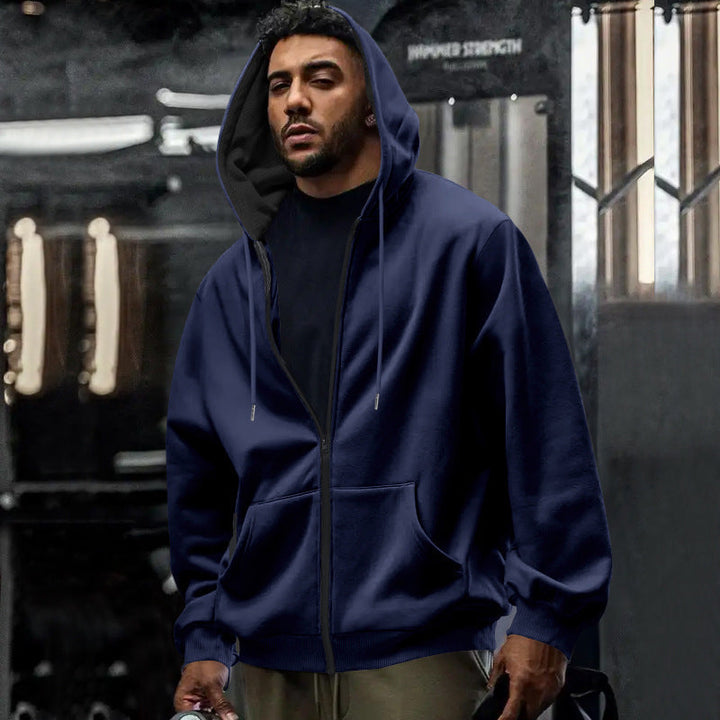 Herr Oversized med Dragkedja Luvtröja med Kangaroo Fickor och Contrasting Inner Foder