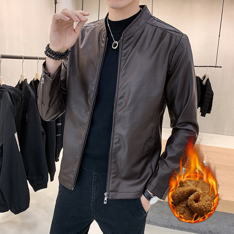Herr Slim-Fit Konstläder Flight Jacka med Minimalistisk Ståkrage och Dold Zip Knapplist
