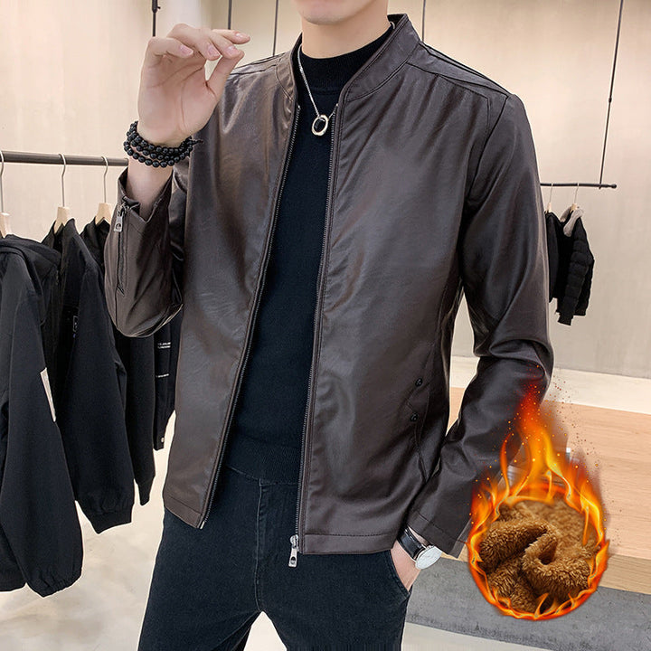 Herr Slim-Fit Konstläder Flight Jacka med Minimalistisk Ståkrage och Dold Zip Knapplist