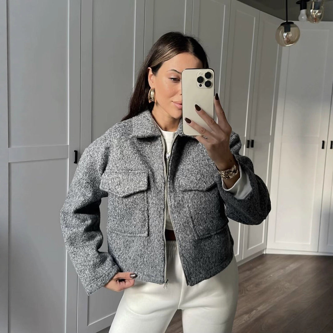 Dam oversize Shacket gjord ullblandning med dragkedja och utanpåfickor