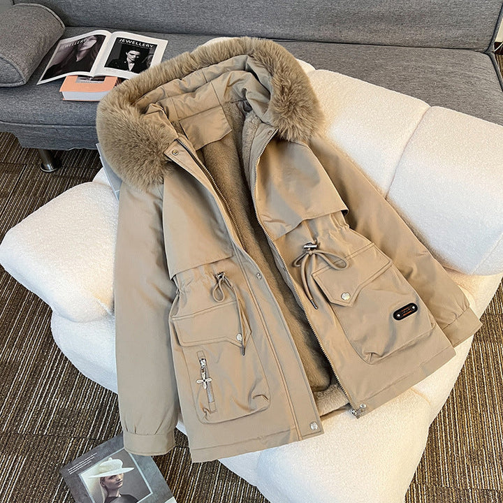 Dam nano vadderad parka med removable faux fur huva, teddyfoder, och justerbar dragsko