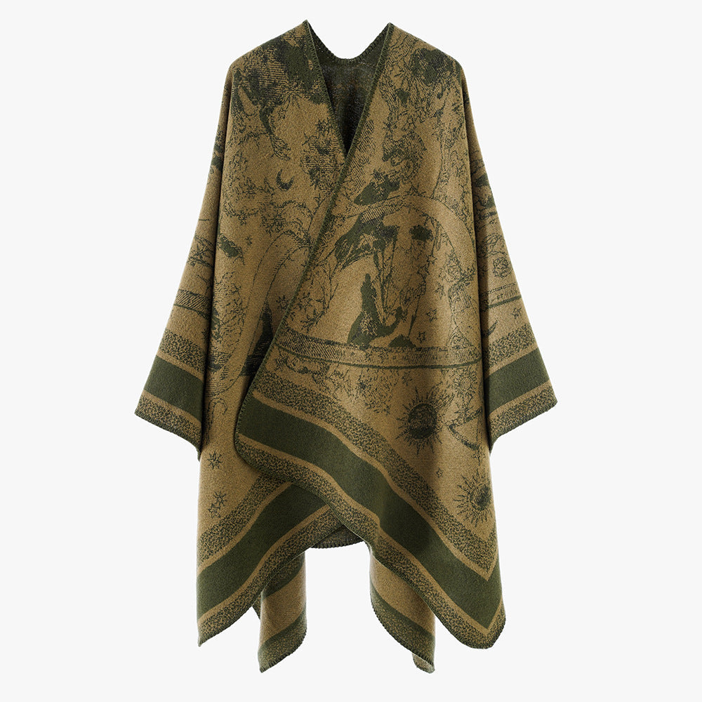 Dam Oversize Jacquard capeponcho tillverkad av ullblandning med V-neck och heavenly motif