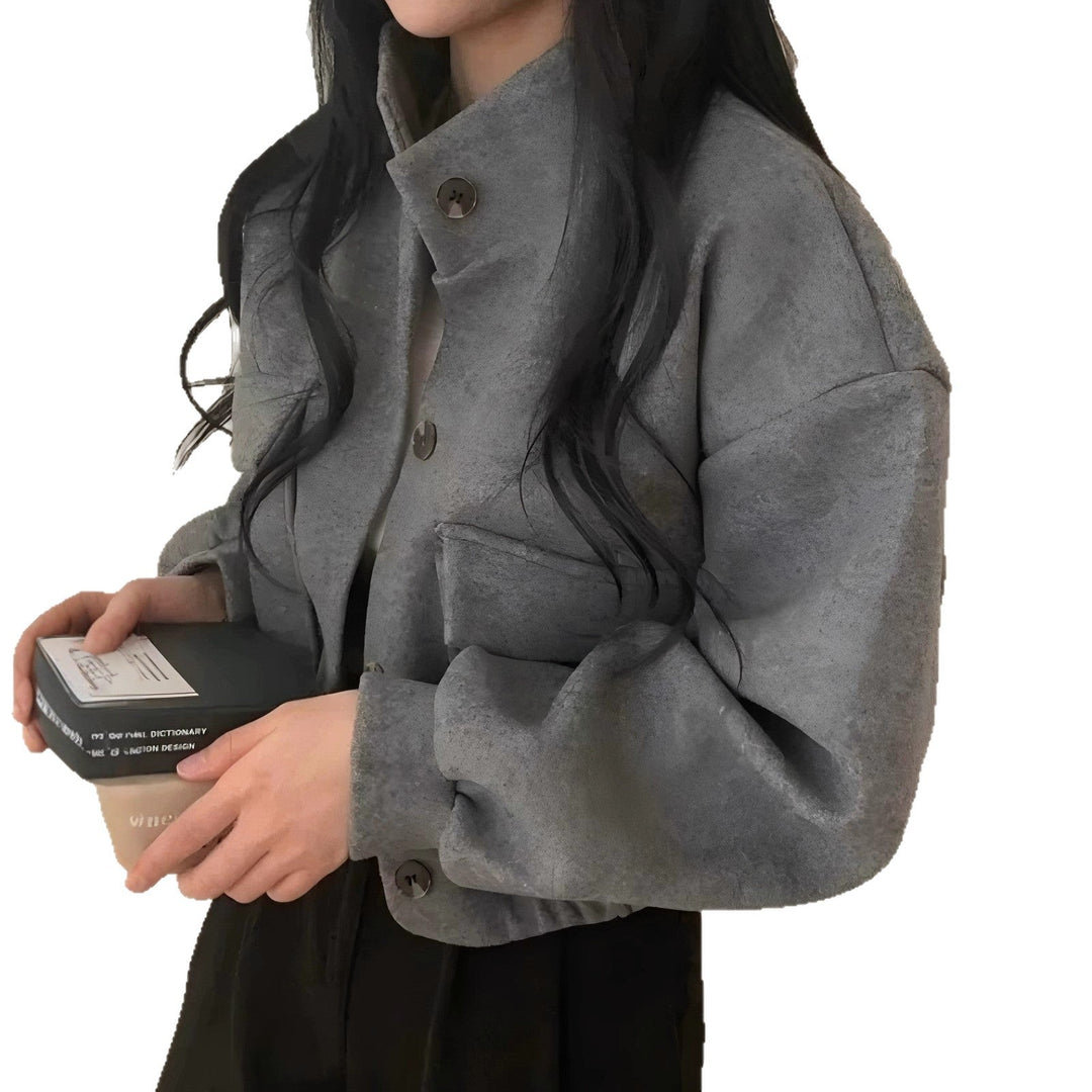 Dam kort oversized ull look jacka med Stand krage och Balloon ärmar