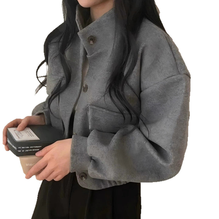 Dam kort oversized ull look jacka med Stand krage och Balloon ärmar