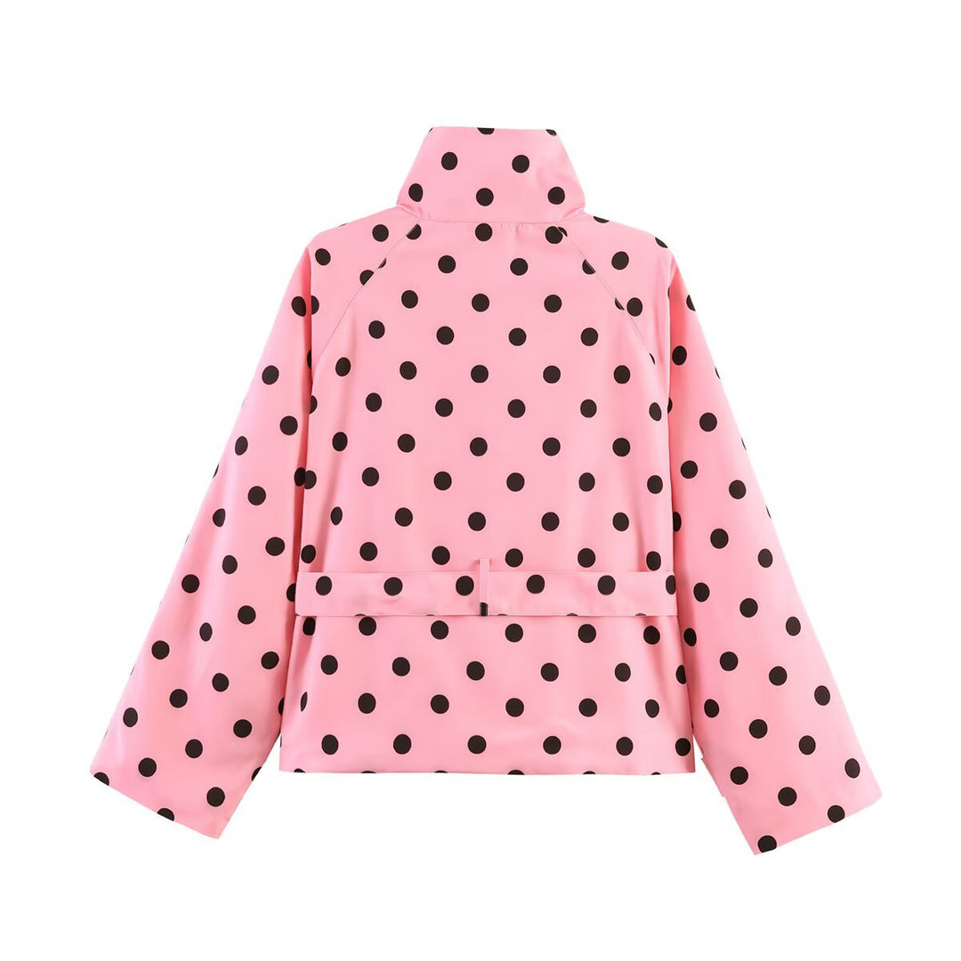 Dam Kort Skärning Raincoat med Prickig Prick Mönster och Tie Belt