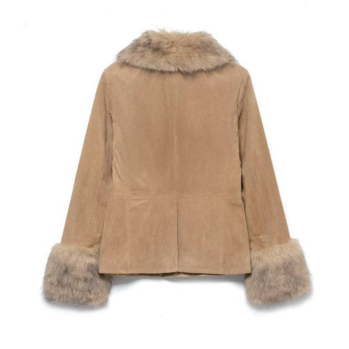 Dam Kort Mocka Jacka med Voluminous Fur Krage och Bred Fur Muddar