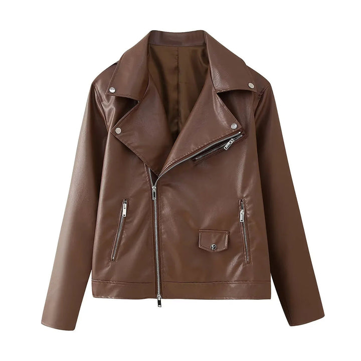 Dam figurnära konstläder bikerjacka med asymmetrisk dragkedja, bred lapels, och decorative pocket