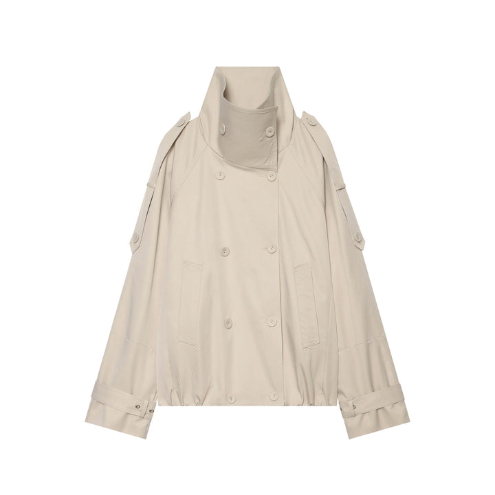 Dam double-breasted cape trenchcoat med high stand krage och adjustable ärm tabs