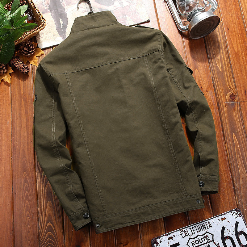Herr Lätt Canvas Militär Jacka med Stående Krage, Epaulets, och Flera Lock Fickor
