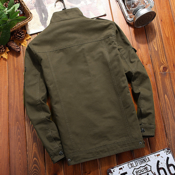 Herr Lätt Canvas Militär Jacka med Stående Krage, Epaulets, och Flera Lock Fickor