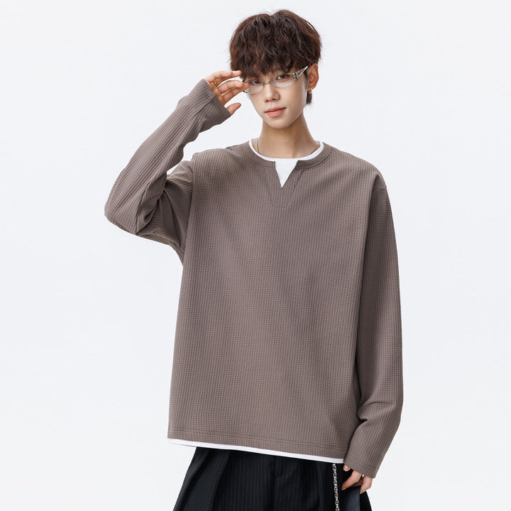 Herr Oversized Waffle Texture College-Tröja med V-ringad och Layered Look
