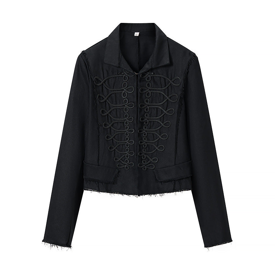 Dam Kort Military-Stil Jacka med Dekorativ Cords och Fringes