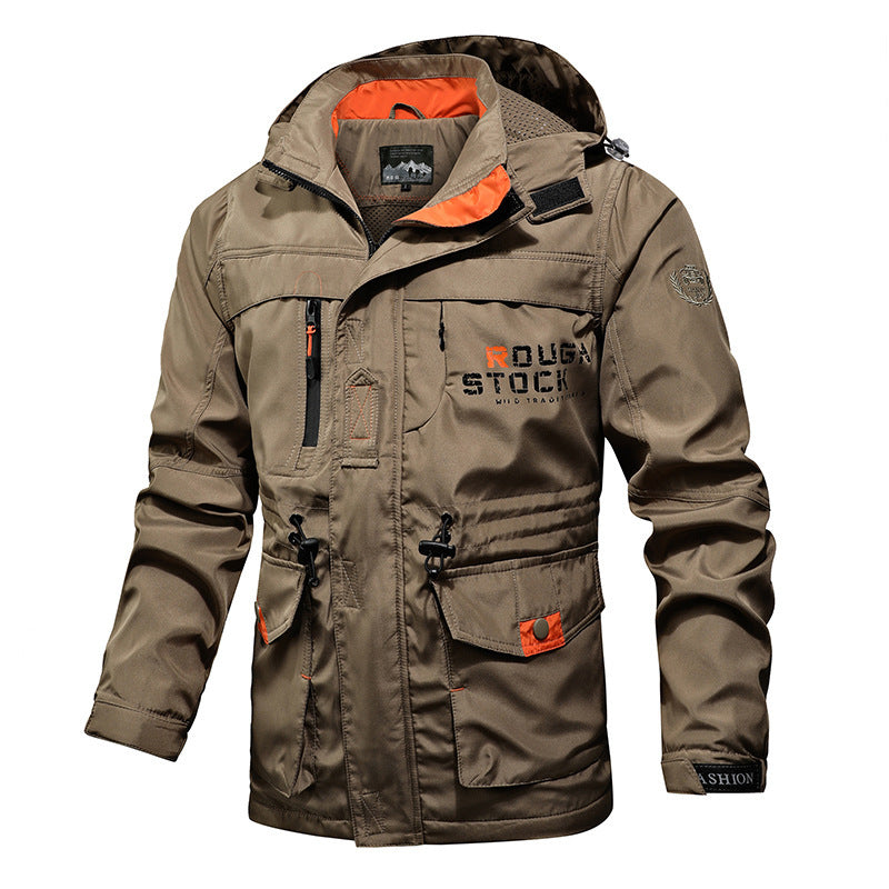 Herr Utility Parka med Huva, Multifunctional Fickor och Midja Dragsko