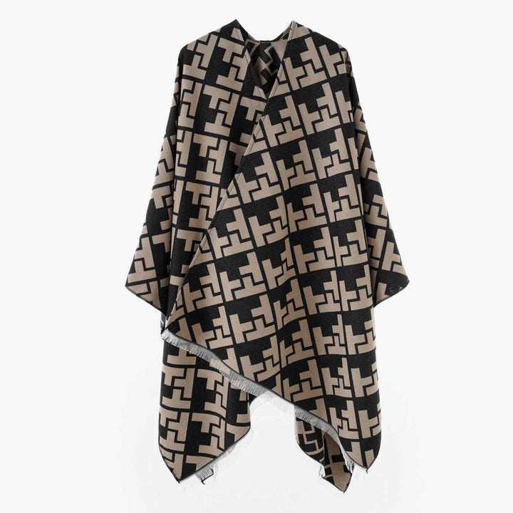 Dam Oversize Jacquard capeponcho tillverkad av ullblandning med geometric mönster och fringes