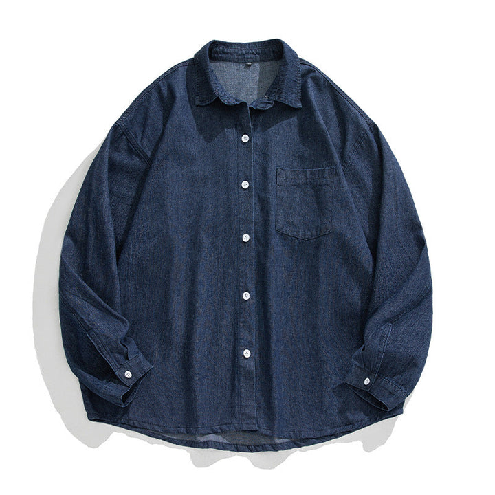 Unisex Locker Skärning Denim Skjorta med Bröstficka och Rounded Fåll