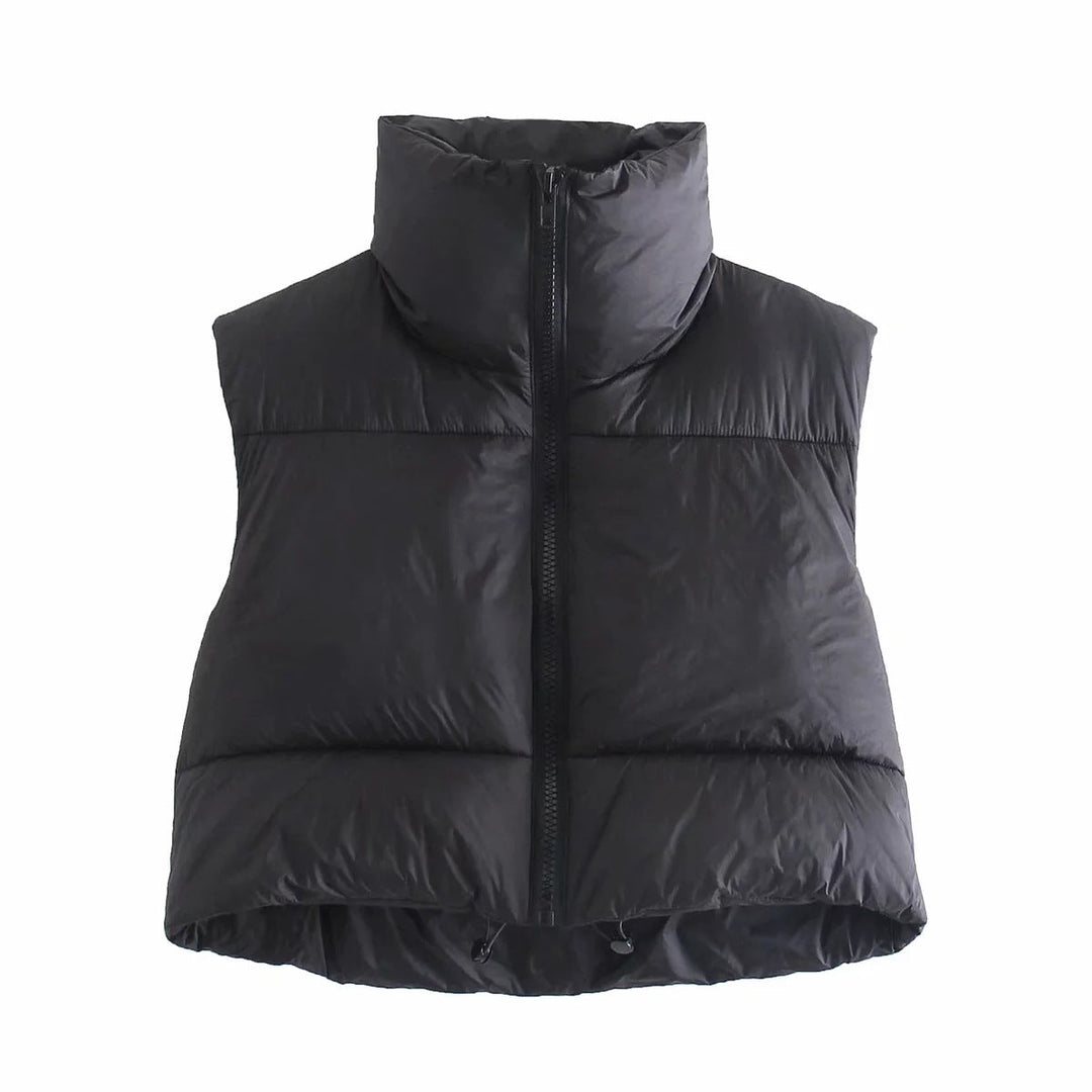 Dam Kort Quiltad Väst med Hög Stå Krage, Lätt Puffer Look och Justerbar Nederkant
