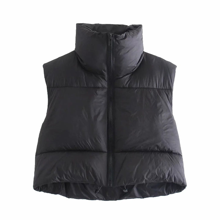 Dam Kort Quiltad Väst med Hög Stå Krage, Lätt Puffer Look och Justerbar Nederkant