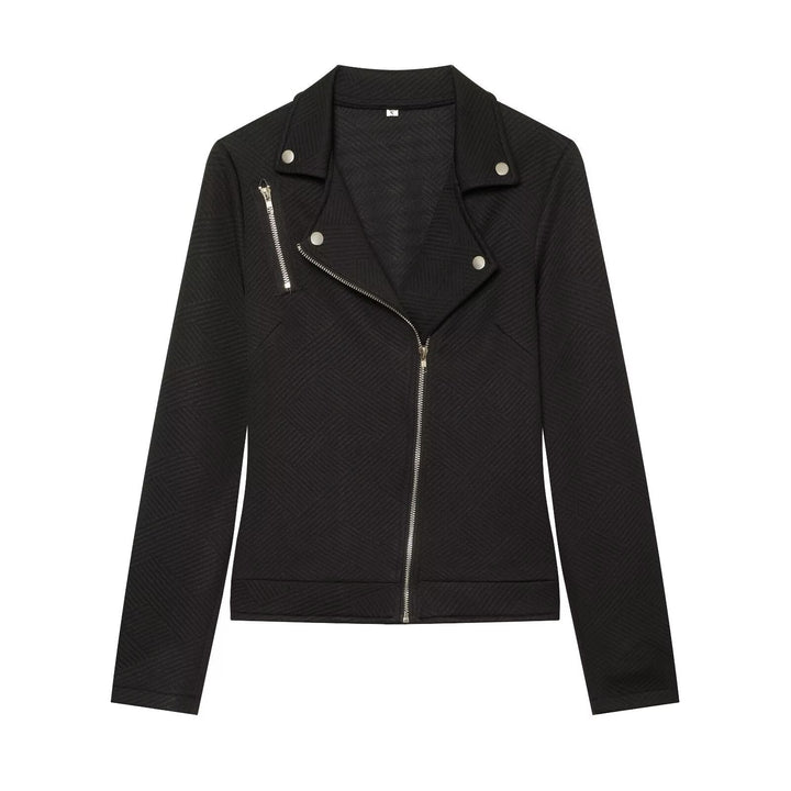 Dam Kort Jacka i Biker Stil med Asymmetrisk Dragkedja och Textured Weave Structure
