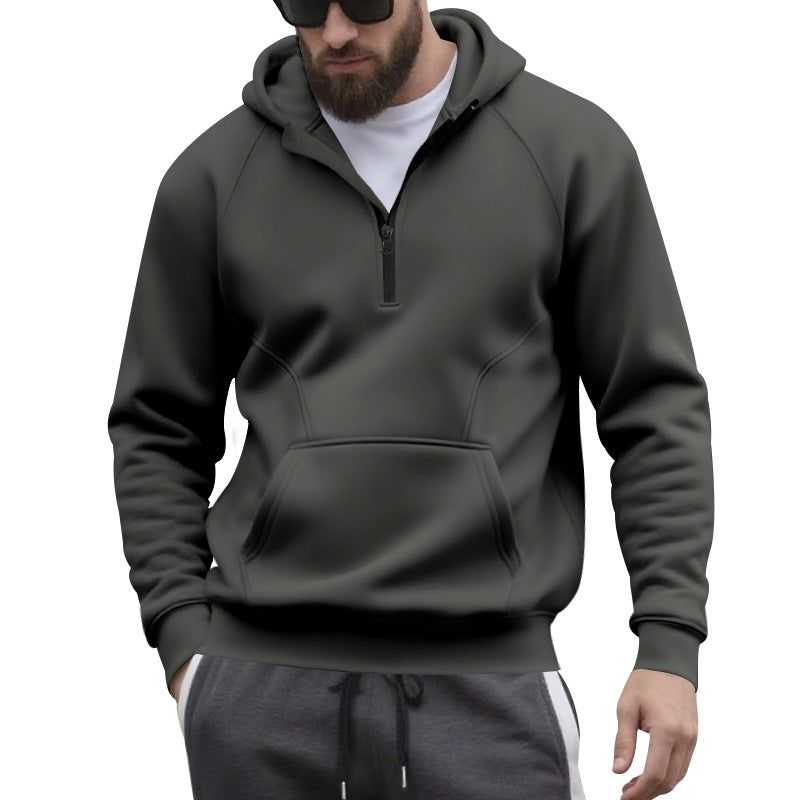 Herr Halv Dragkedja Luvtröja i Minimalistisk Softshell Look med Känguruficka och Raglanärmar
