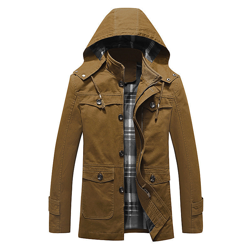 Herr Canvas Parka med Fodrad Huva, Rutig Foder och Multifunctional Yttre Fickor