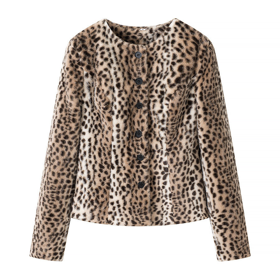 Dam Kort Jacka Tillverkad av Faux Fur med Leopard Mönster och Round Neckline
