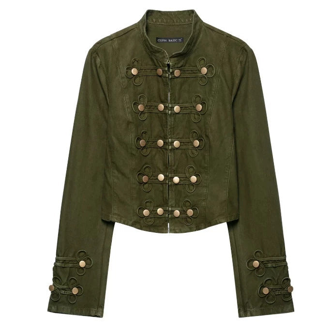 Dam Tailored Kort Military Jacka med Dekorativ Knapp Knäppning och Stå Krage