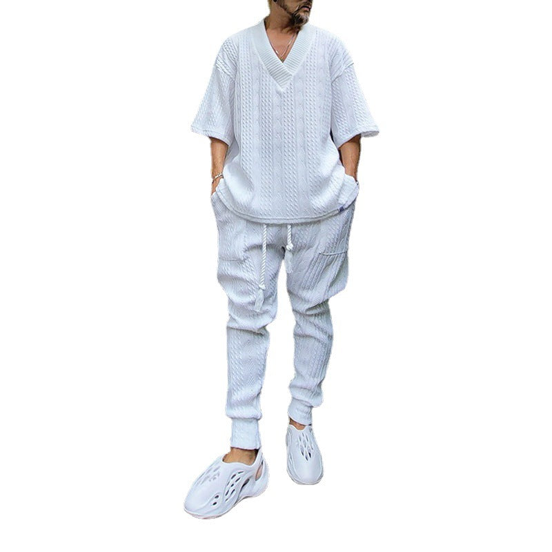 Herr Coarse Stickad Lounge Set med Deep V-ringad och Dragsko Joggingbyxor