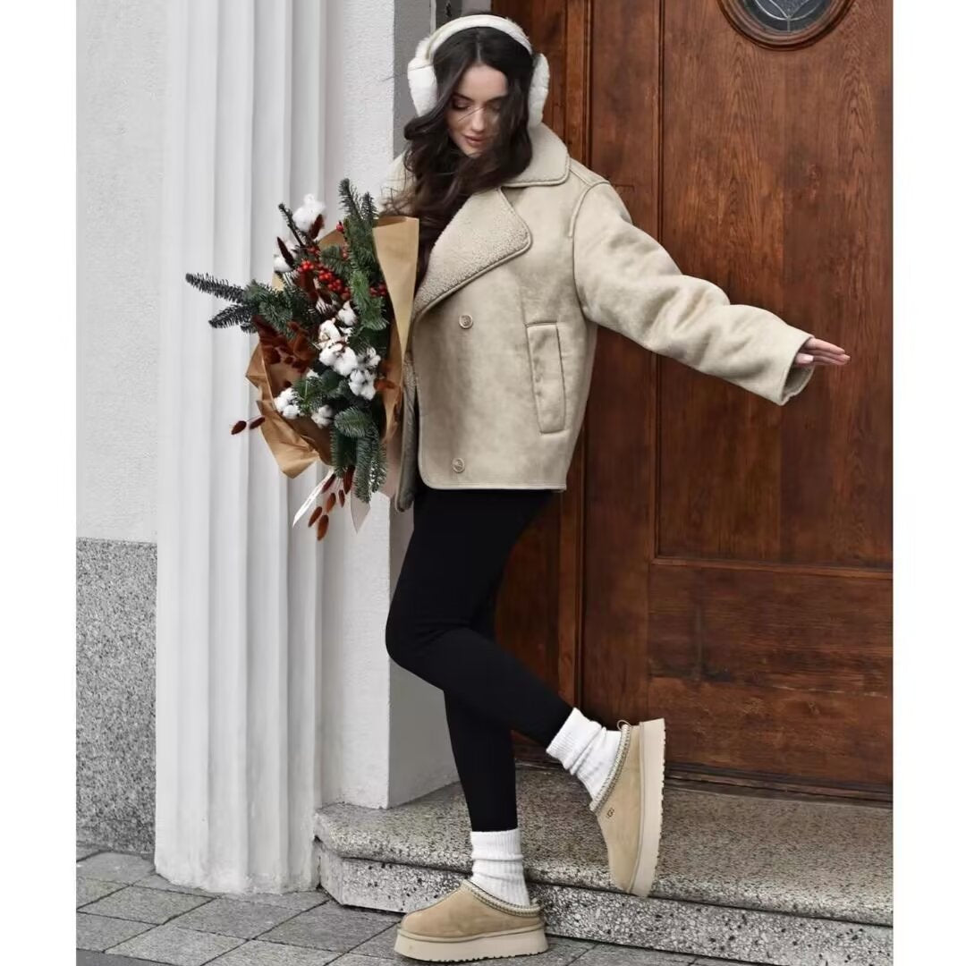 Dam Boxy jacka gjord Faux Shearling med stor teddy krage och sidofickor