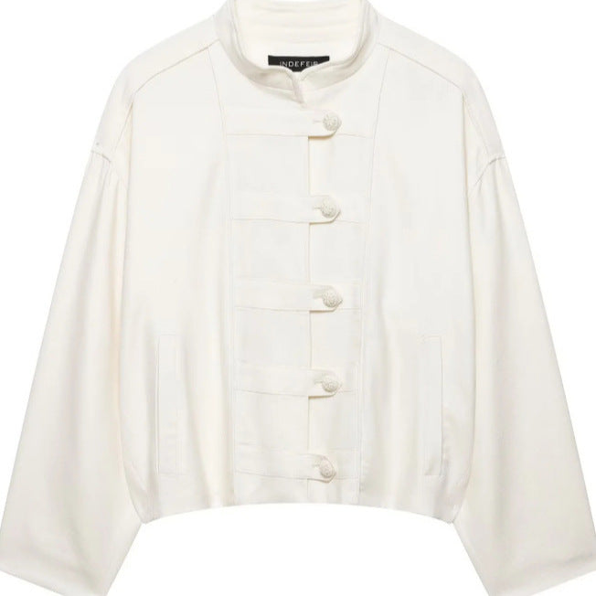 Dam Tailored Suede Jacka i Military Look med Stå Krage, Lock Fickor och Dold Knapp Knäppning