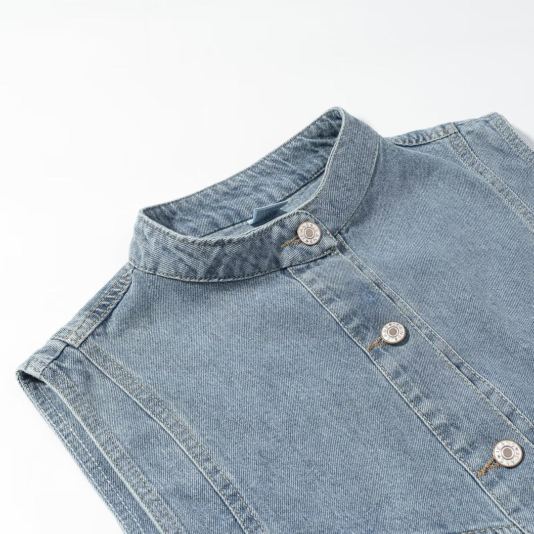 Dam jeans väst med ståkrage, hel-length knappslå, och utanpåfickor