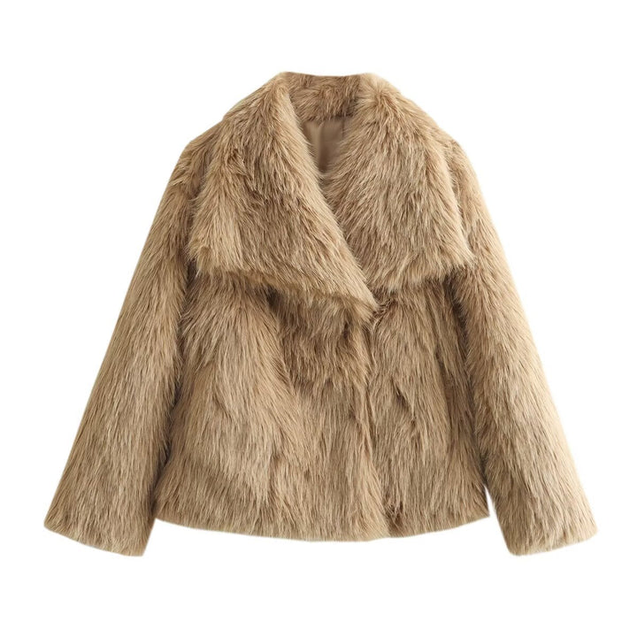 Dam Kort Skärning Vegansk Faux Fur Jacka med Wide Shawl Krage