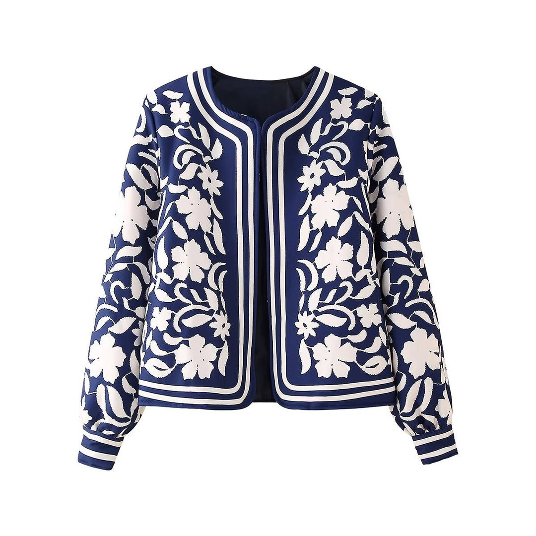 Dam lätt blouson jacka in blommig mönster med round neck, balloon ärmar, och kontrasterande stripes