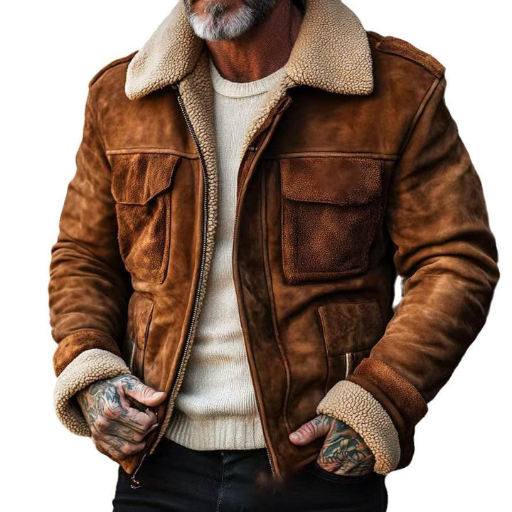 Herr Flight Jacka Tillverkad av Suede Läder med Teddyfoder och Utanpåfickor