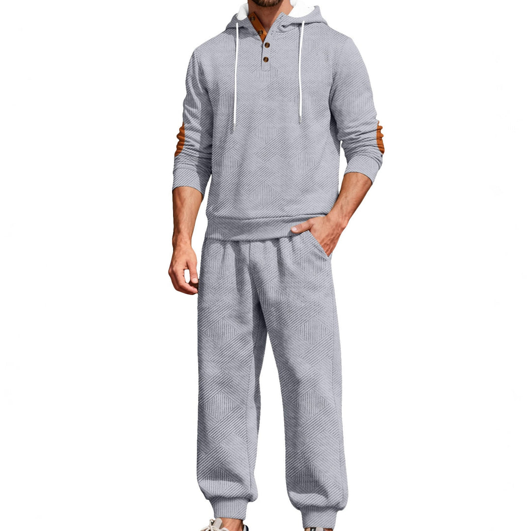 Herr Textured Luvtröja Jogging Set med Henley Knapplist och Contrast Elbow Lappar