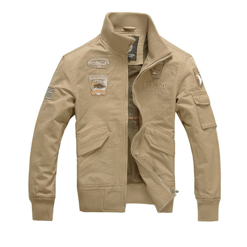 Herr Aviator Canvas Blouson med Embroidered Patches, Ståkrage och Multi-Functional Lock Fickor