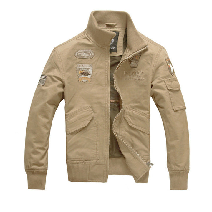 Herr Aviator Canvas Blouson med Embroidered Patches, Ståkrage och Multi-Functional Lock Fickor