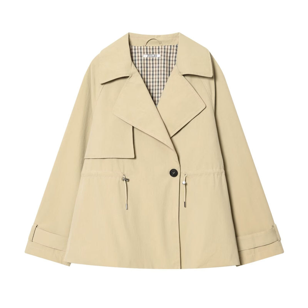 Dam Kort Oversize Trenchcoat med Drawstring Waist och Wide Lapels