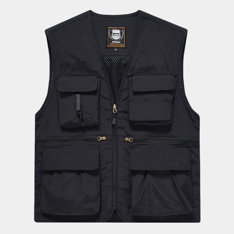 Herr Multi-Pocket Fishing Väst Tillverkad av Canvas med Mesh Ventilation och Dragkedja