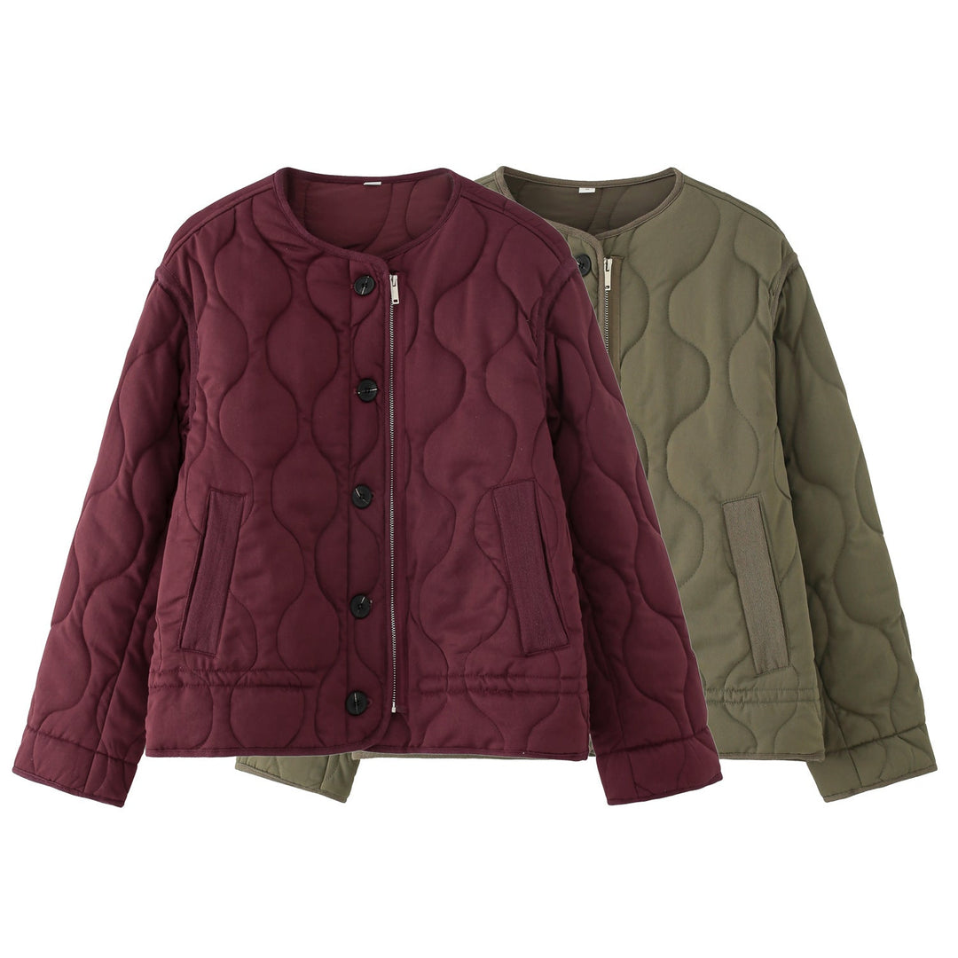 Dam Quiltad Jacka med Round Quiltad Mönster, Round Neck och Two-Way Dragkedja